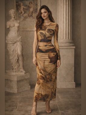 ZARA Renaissance Art Print Mesh 2 Piece Set Venus & Love Asymmetric Top Skirt S